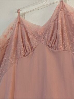 Vintage maxi slip dress full pink embroidered fairy sheer silky size 38 large